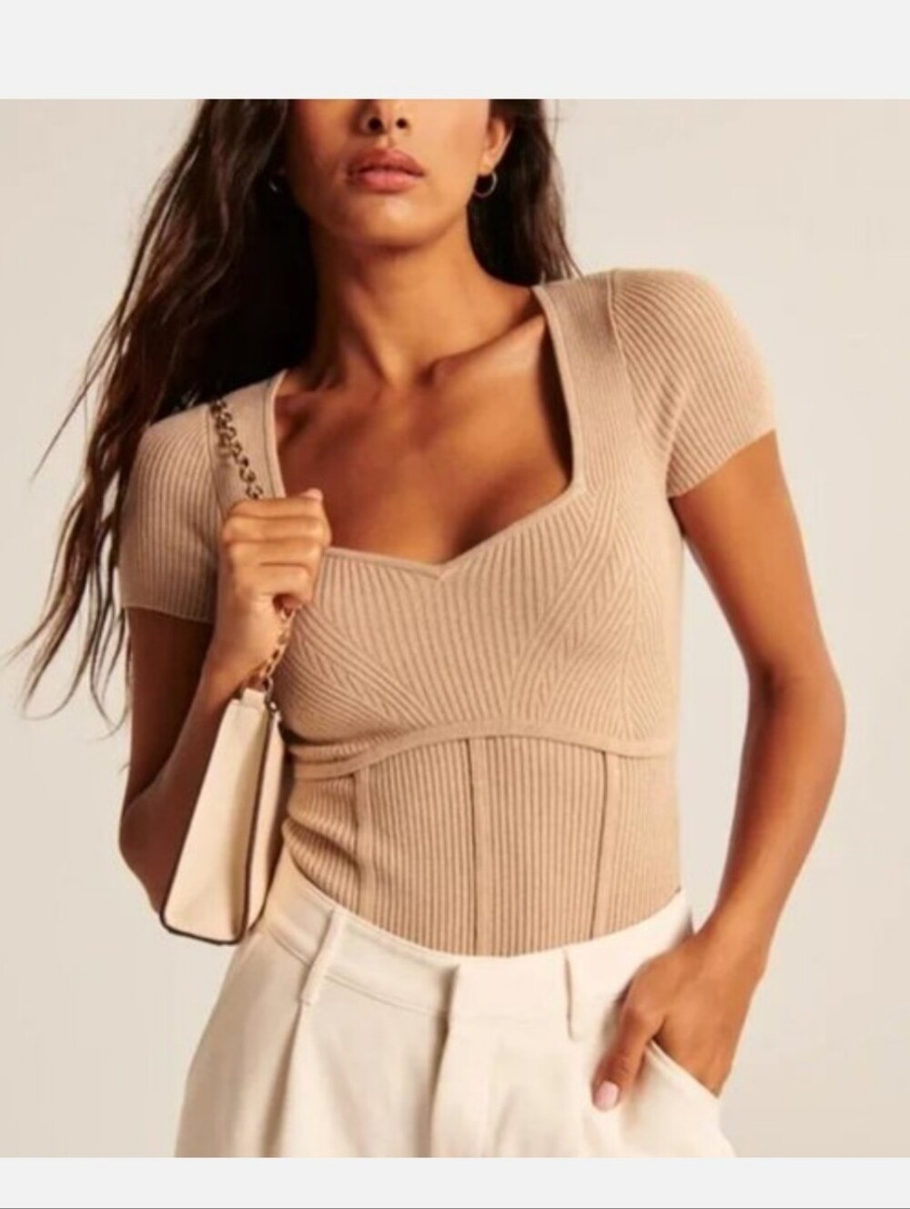 Abercrombie & Fitch Sweetheart Corset Knit Short Sleeve Bodysuit